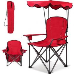 Chaise Camping Pliante Accoudoirs Pare-soleil Porte-Gobelet Charge120KG Plage Pêche Rouge