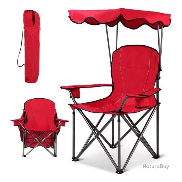 Chaise Camping Pliante Accoudoirs Pare-soleil Porte-Gobelet Charge120KG Plage Pche Rouge
