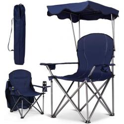 Chaise Camping Pliante Accoudoirs Pare-soleil Porte-Gobelet Charge120KG Plage Pêche Bleu