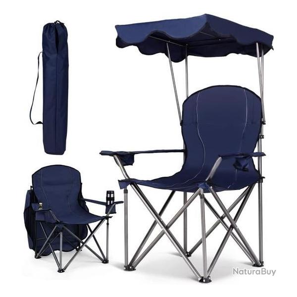 Chaise Camping Pliante Accoudoirs Pare-soleil Porte-Gobelet Charge120KG Plage Pche Bleu