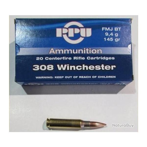 1 boite neuve de 20 cartouches  de calibre 308 winchester , Partizan 145 grains FMJBT