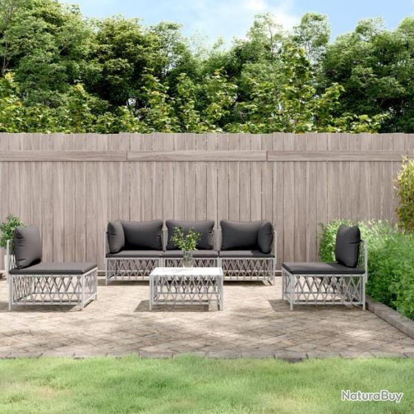 Salon de jardin avec coussins 6 pcs blanc acier