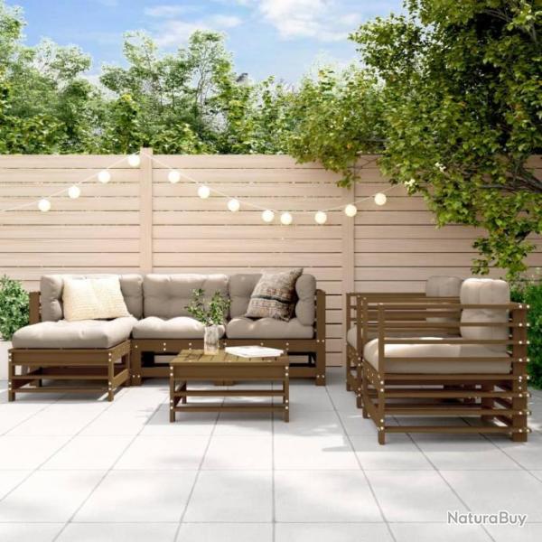 Salon de jardin 7 pcs Marron miel Bois de pin massif