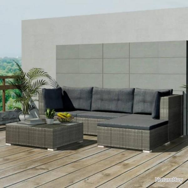 Salon de jardin 5 pcs avec coussins rsine tresse gris