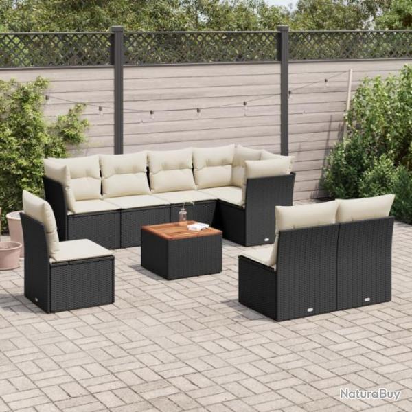 Salon de jardin 9 pcs avec coussins noir rsine tresse