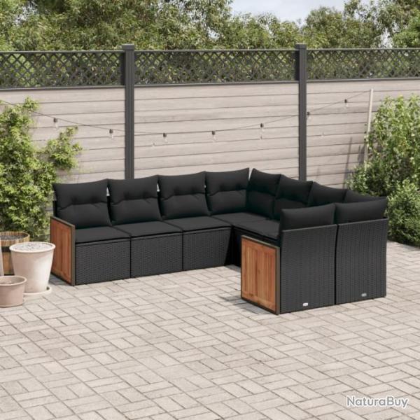 Salon de jardin 8 pcs avec coussins noir rsine tresse