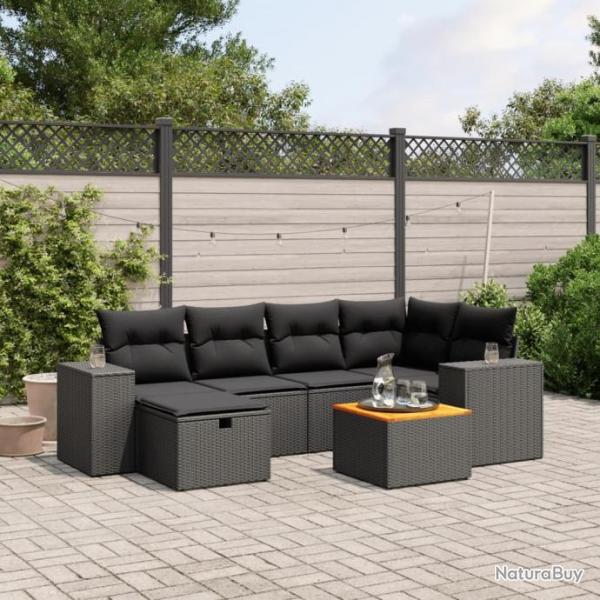 Salon de jardin 7 pcs avec coussins noir rsine tresse