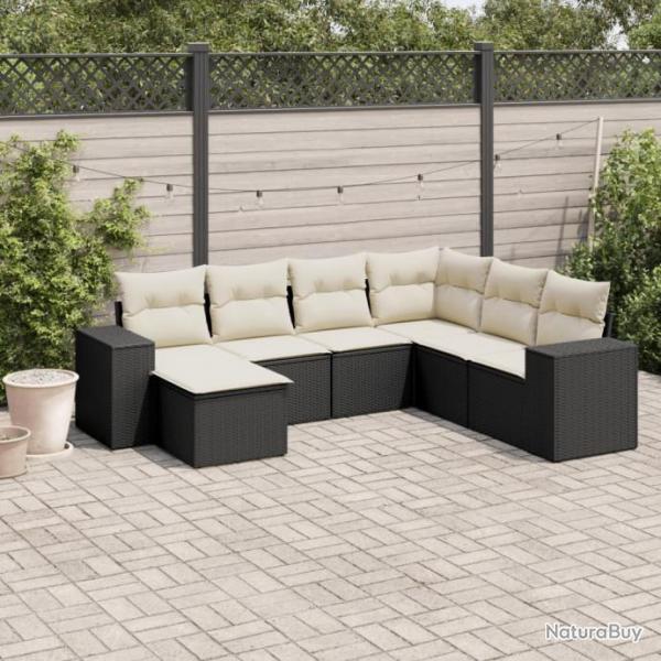 Salon de jardin 7 pcs avec coussins noir rsine tresse