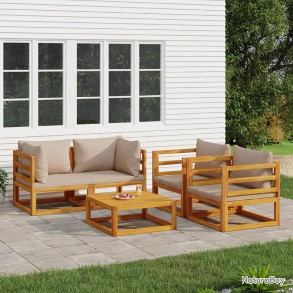 Salon de jardin 5 pcs avec coussins taupe bois massif