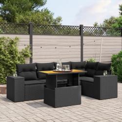 Salon de jardin 6 pcs avec coussins noir résine tressée