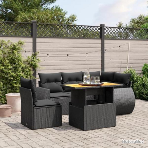 Salon de jardin 6 pcs avec coussins noir rsine tresse