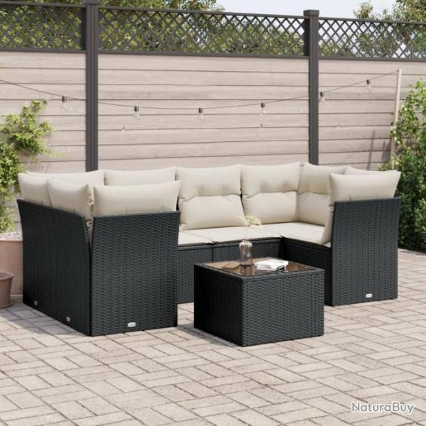 Salon de jardin 7 pcs avec coussins noir rsine tresse