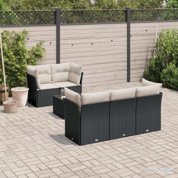 Salon de jardin 7 pcs avec coussins noir rsine tresse