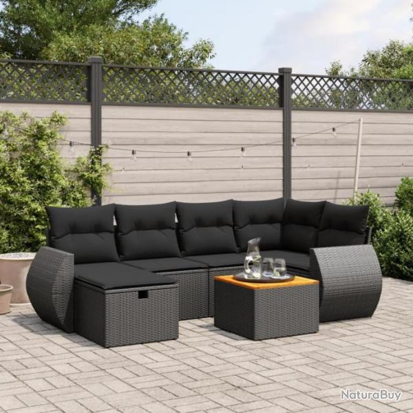 Salon de jardin 7 pcs avec coussins noir rsine tresse