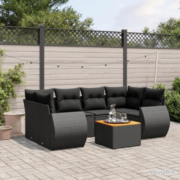 Salon de jardin 7 pcs avec coussins noir rsine tresse