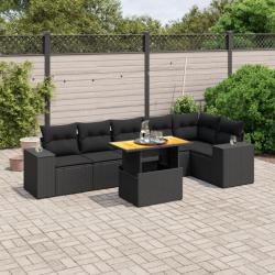 Salon de jardin 7 pcs avec coussins noir résine tressée