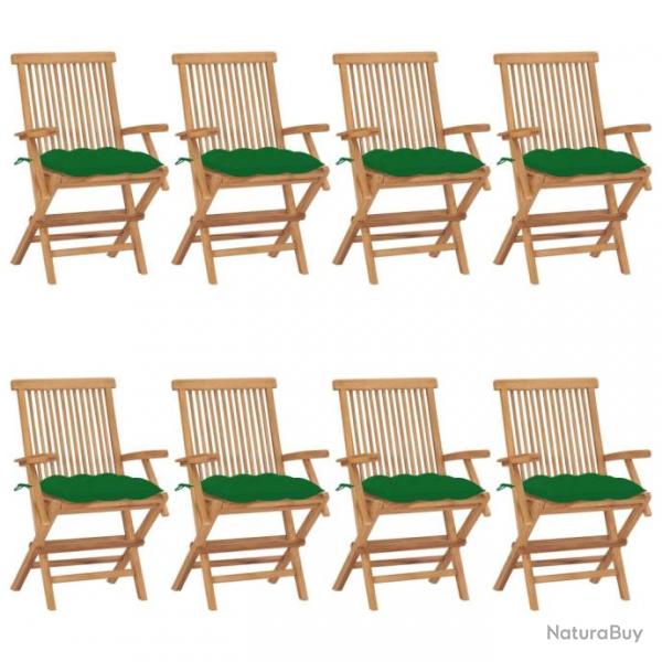 Chaises de jardin avec coussins vert 8 pcs Bois de teck massif