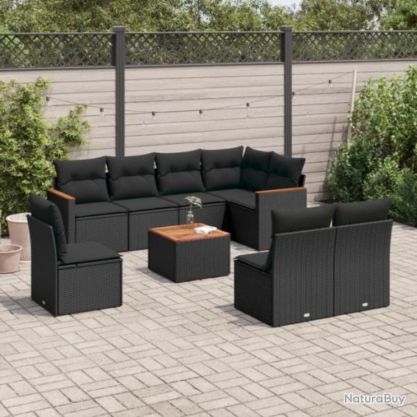 Salon de jardin 9 pcs avec coussins noir rsine tresse