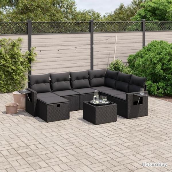 Salon de jardin 8 pcs avec coussins noir rsine tresse