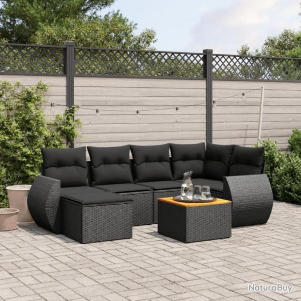 Salon de jardin 7 pcs avec coussins noir rsine tresse