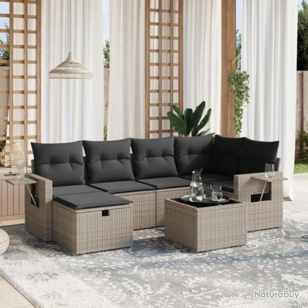 Salon de jardin avec coussins 7 pcs gris rsine tresse