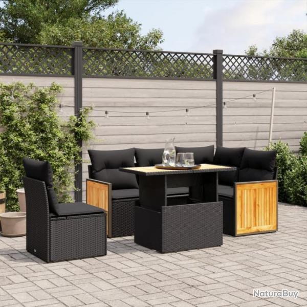 Salon de jardin 6 pcs avec coussins noir rsine tresse