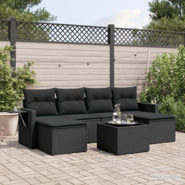 Salon de jardin 7 pcs avec coussins noir rsine tresse