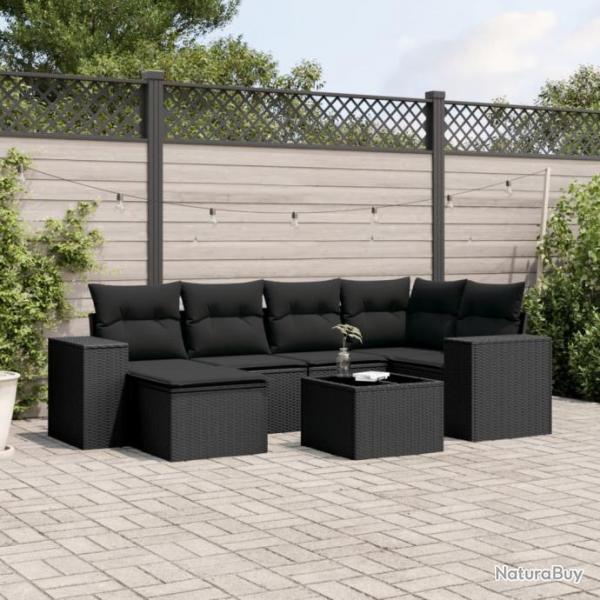 Salon de jardin 7 pcs avec coussins noir rsine tresse