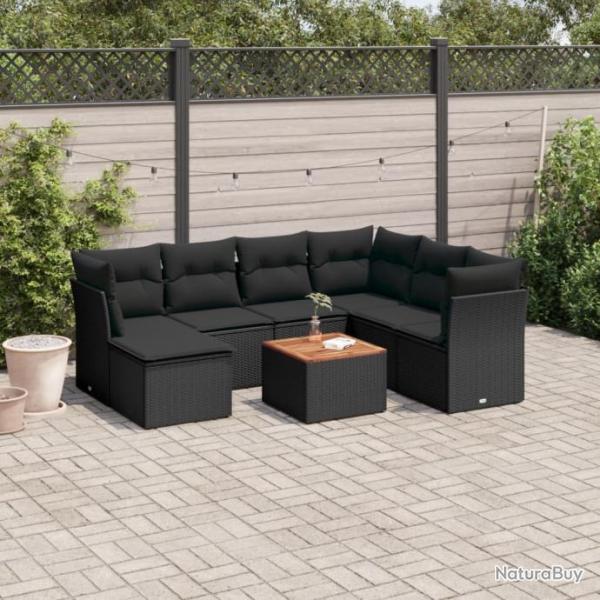 Salon de jardin 8 pcs avec coussins noir rsine tresse