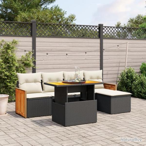 Salon de jardin 6 pcs avec coussins noir rsine tresse