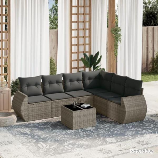 Salon de jardin avec coussins 7 pcs gris rsine tresse