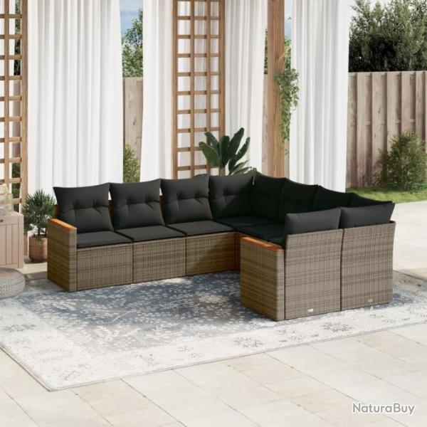 Salon de jardin 8 pcs avec coussins gris rsine tresse