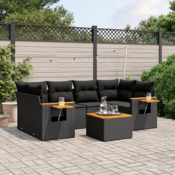 Salon de jardin 7 pcs avec coussins noir rsine tresse