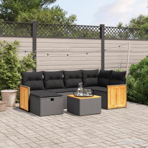 Salon de jardin 7 pcs avec coussins noir rsine tresse