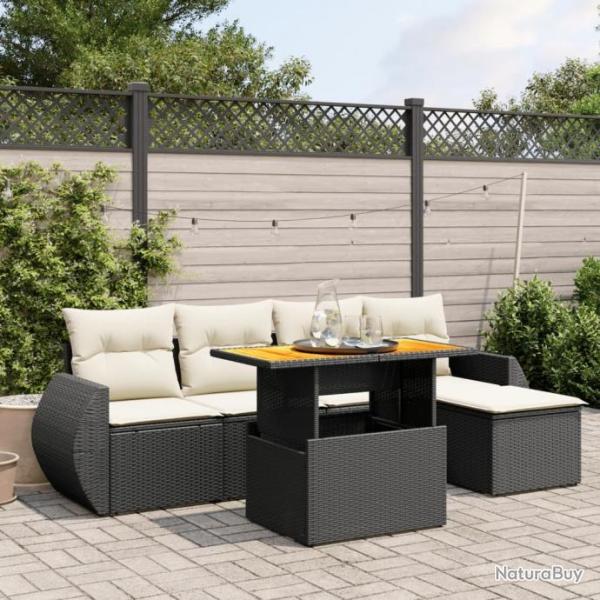 Salon de jardin 6 pcs avec coussins noir rsine tresse