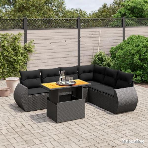 Salon de jardin 7 pcs avec coussins noir rsine tresse