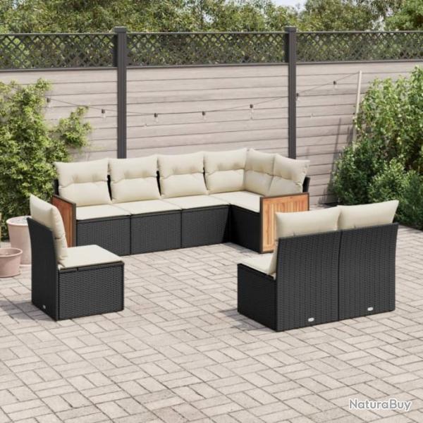 Salon de jardin 8 pcs avec coussins noir rsine tresse