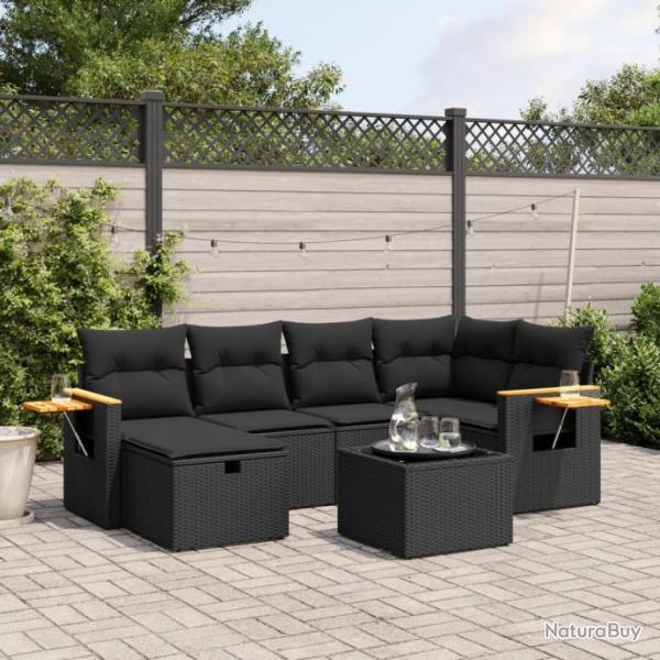 Salon de jardin 7 pcs avec coussins noir rsine tresse