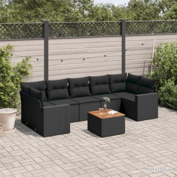 Salon de jardin 8 pcs avec coussins noir rsine tresse