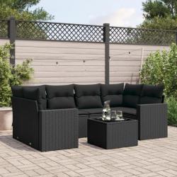 Salon de jardin 7 pcs avec coussins noir résine tressée