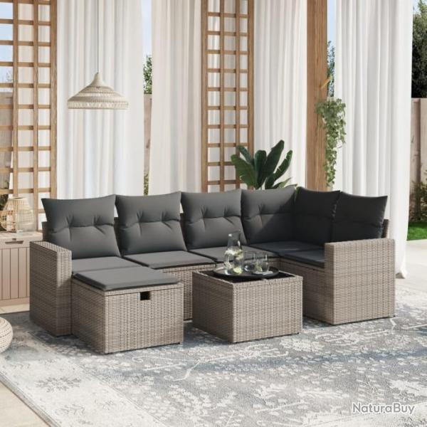 Salon de jardin avec coussins 7 pcs gris rsine tresse