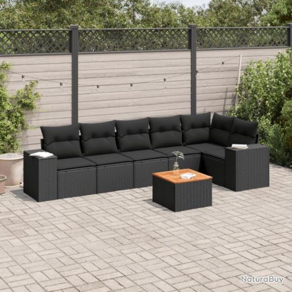 Salon de jardin 7 pcs avec coussins noir rsine tresse