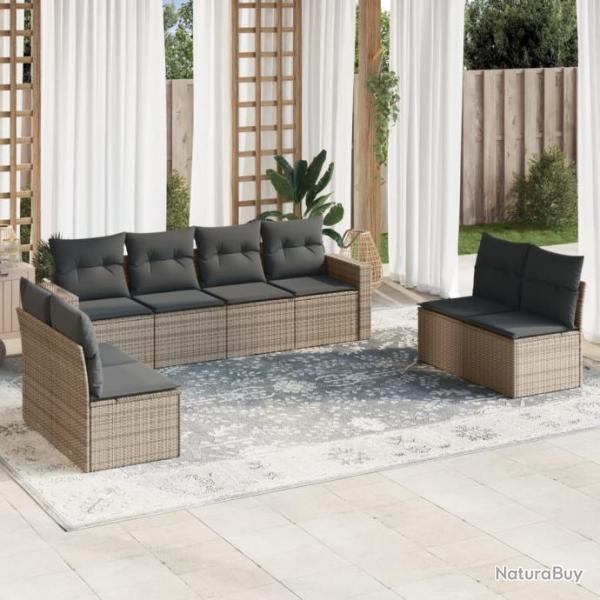 Salon de jardin 8 pcs avec coussins gris rsine tresse