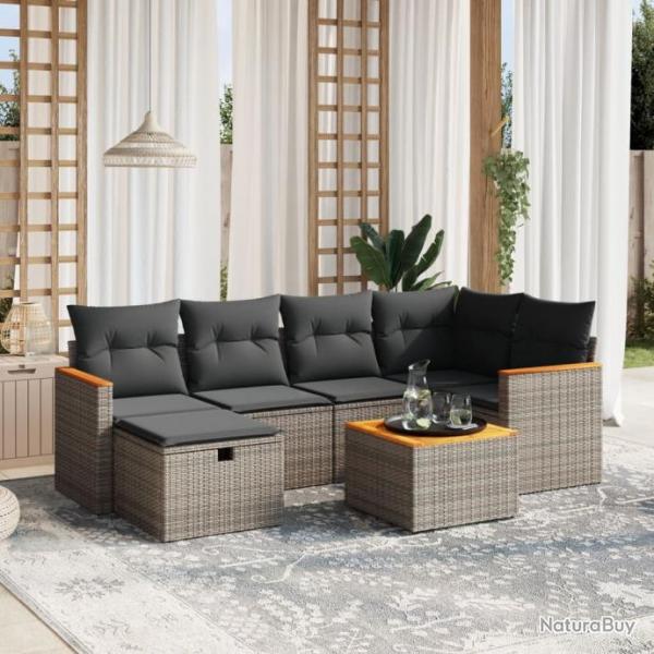 Salon de jardin avec coussins 7 pcs gris rsine tresse