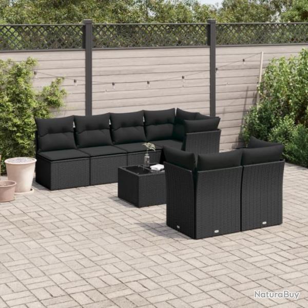 Salon de jardin 8 pcs avec coussins noir rsine tresse