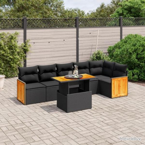 Salon de jardin 7 pcs avec coussins noir rsine tresse