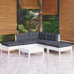 Salon de jardin 6 pcs avec coussins blanc bois de pin