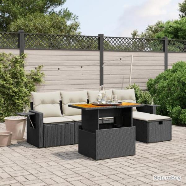 Salon de jardin 6 pcs avec coussins noir rsine tresse