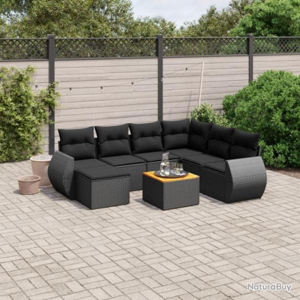 Salon de jardin 8 pcs avec coussins noir rsine tresse