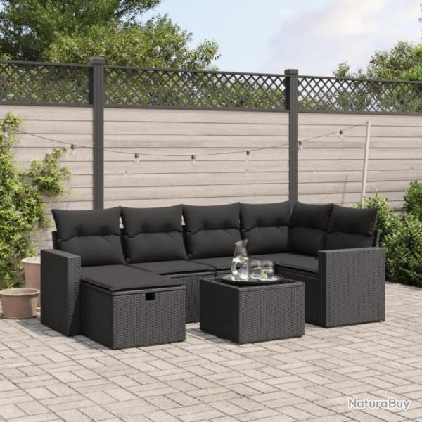 Salon de jardin 7 pcs avec coussins noir rsine tresse